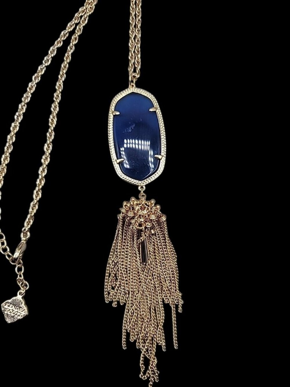 Kendra Scott Rayne Necklace 14kgp Navy Blue Faux Cats Eye Tassel Pendant 30" - Picture 14 of 14